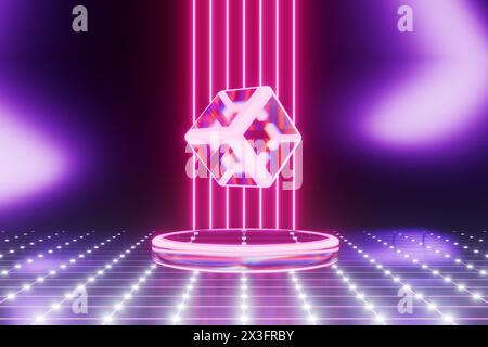 Digital cube of analysis of artificial intelligence technologies, hanging above a round podium and network. 3d rendering Stock Photo