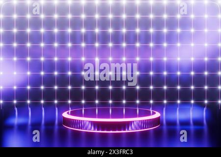 Glowing cylindrical podium against the background of the network. 3d rendering Stock Photo