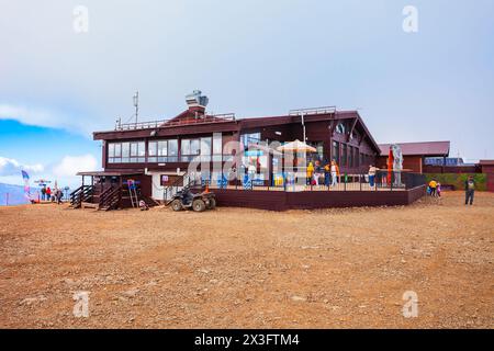 Sochi, Russia - October 06, 2020: Cable car station building at the Rose Peak, an alpine ski resort located near Rosa Khutor and Krasnaya Polyana town Stock Photo