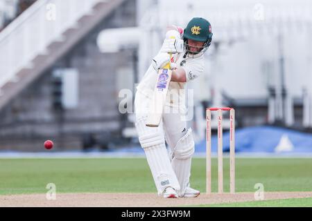 Pictured is Ben Duckett of Notts CCC as he drives it to the boundary for 4 taken in Birmingham, UK on 26 Apr 2024, for editorial sales purposes during Stock Photo