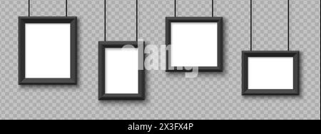 Blank hanging frames. Pictures, photo frames mockup vector isolated on transparent background. Illustration of empty photo frame, gallery portfolio al Stock Vector