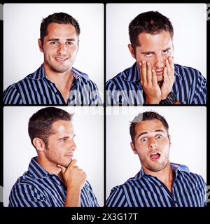 Man, portrait and collage with funny faces, expressions or humor for comedy in montage. Young model or handsome male person with personality in Stock Photo