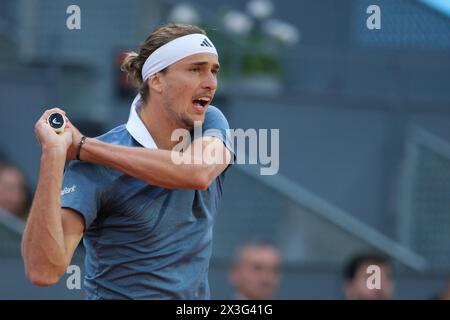 Alexander Zverev of Germany  against Borna Coric during their Men's Singles second round match on day four of the Mutua Madrid Open at La Caja Magica Stock Photo