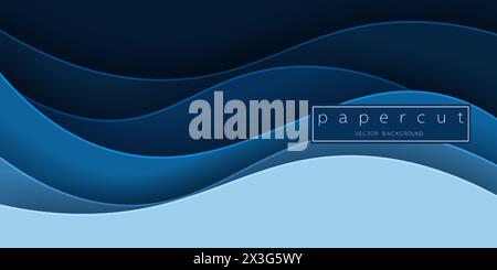Paper cut deep blue water wave on dark blue background. Cutout minimalistic luxury layered ocean waves . 3D frame icon for posters and flyers, present Stock Vector