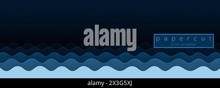Paper cut deep blue water wave on dark blue background. Cutout minimalistic luxury layered ocean waves . 3D frame icon for posters and flyers, present Stock Vector