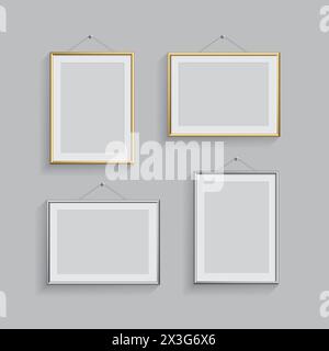 Golden and silver picture or photo frames in different positions isolated on grey background. Vector frame set Stock Vector