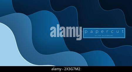 Paper cut deep blue water wave on dark blue background. Cutout minimalistic luxury layered ocean waves . 3D frame icon for posters and flyers, present Stock Vector