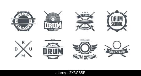 Vector logo of drum school. Logotype, symbol, icon, graphic, vector. Rock music. Drumkit tools. Isolated on white background. Stock Vector