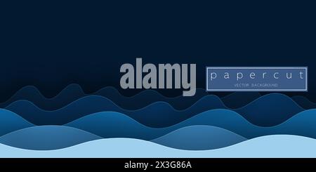 Paper cut deep blue water wave on dark blue background. Cutout minimalistic luxury layered ocean waves . 3D frame icon for posters and flyers, present Stock Vector