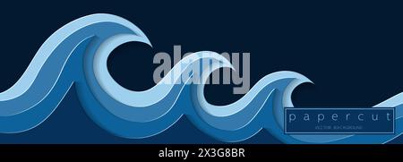 Paper cut deep blue water wave on dark blue background. Cutout minimalistic luxury layered ocean waves . 3D frame icon for posters and flyers, present Stock Vector