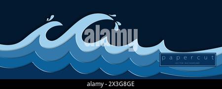 Paper cut deep blue water wave on dark blue background. Cutout minimalistic luxury layered ocean waves . 3D frame icon for posters and flyers, present Stock Vector