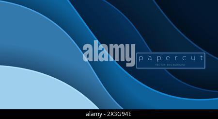 Paper cut deep blue water wave on dark blue background. Cutout minimalistic luxury layered ocean waves . 3D frame icon for posters and flyers, present Stock Vector