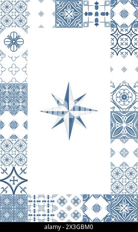 Wind Rose as a symbol of Portugal framed ceramic tiles in monochromatic colors blue and white.Isolated on white background watercolor illustration.For Stock Photo