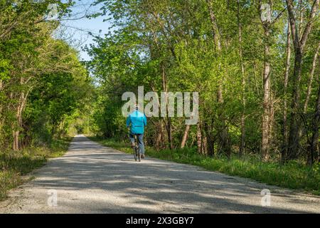 Male cyclist is riding a folding bike on Katy Trail near Rocheport, Missouri, spring scenery. The Katy Trail is 237 mile bike trail converted from an Stock Photo