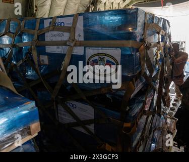 Homestead, United States. 26th Apr, 2024. U.S. Air Force loadmasters secure pallets of humanitarian aid and medical supplies for Haiti before loading into the cargo bay of a Air Force C-130J Super Hercules aircraft at Homestead Air Reserve Base, April 26, 2024, in Homestead, Florida. The emergency supplies provided by NGO's were delivered to Port-au-Prince. Credit: TSgt. Lionel Castellano/US Airforce Photo/Alamy Live News Stock Photo