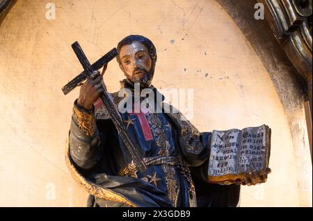 Statue of Saint Camillus de Lellis (patron saint of the sick). Igreja da Madalena [Catholic Church of St Mary Magdalene], Lisbon, Portugal. Stock Photo