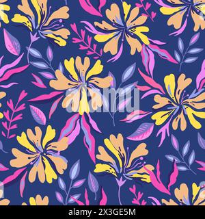 Seamless pattern with cute doodle floral elements. Hand drawn ornament with plants and flowers. Vector illustration. Stock Vector