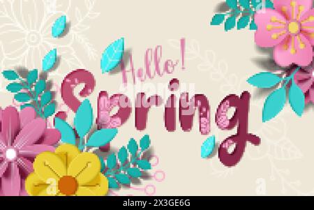 Hello spring banner. Trendy texture. Season vocation, weekend, holiday logo. Spring Time Wallpaper. Happy spring Day. Spring vector Lettering text. Fa Stock Vector