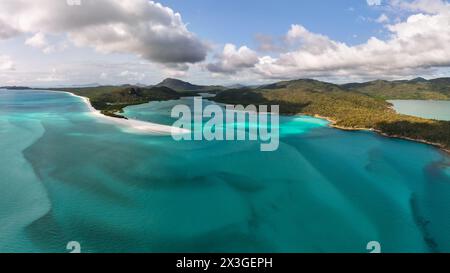 Drone shot of famous Hill Inlet, Whitsunday Islands at high tide Stock Photo