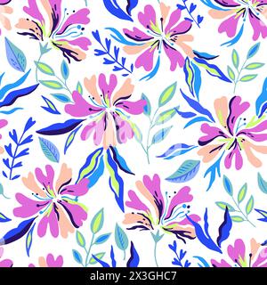 Seamless pattern with cute doodle floral elements. Hand drawn ornament with plants and flowers. Vector illustration. Stock Vector