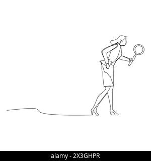 continuous line drawing of a businesswoman holding a magnifying glass. Stock Vector