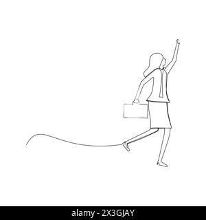 continuous line drawing of a businesswoman walking with a briefcase trying to catch a high object. Business concept illustration Stock Vector