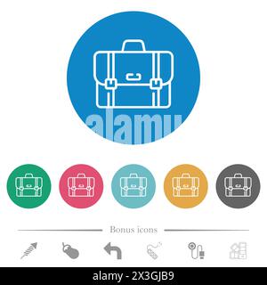 Briefcase outline flat white icons on round color backgrounds. 6 bonus icons included. Stock Vector