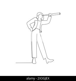 continuous line drawing of a man with a telescope. Innovation in business concept and illustration. Simple hand drawn style vector design Stock Vector