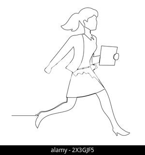 continuous line drawing of a businesswoman walking and holding a clipboard. Concept of business time management. Stock Vector