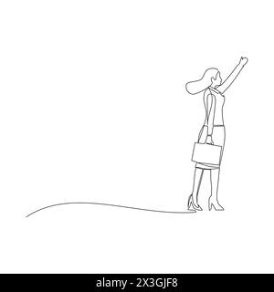 Continuous one line drawing of happy businesswoman with briefcase. Career goal achievement and development in business Stock Vector