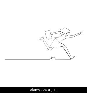 continuous line drawing of a woman with a briefcase running. Spirit in business concept. Vector illustration on white background. Stock Vector