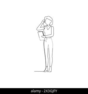 Businesswoman looking at a tab and thinking. Business innovation concept. Continuous line drawing illustration Stock Vector
