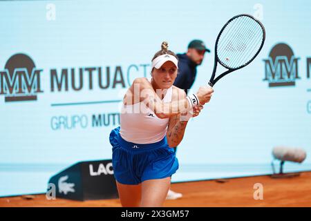 Madrid, Spain. 26th Apr, 2024. Marketa Vondrousova (CZE) Tennis : Marketa Vondrousova during singles round of 64 match against Shelby Rogers on the WTA 1000 tournaments Mutua Madrid Open tennis tournament at the Caja Magica in Madrid, Spain . Credit: Mutsu Kawamori/AFLO/Alamy Live News Stock Photo