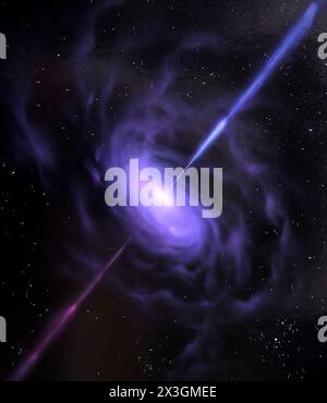 Quasar, illustration. A quasar is a galaxy that has a super massive black hole at its centre and is characterised by the emission of high energy jets of material. Gas falling towards the black hole heats up due to friction and releases energy in the form of electromagnetic radiation (purple). Stock Photo