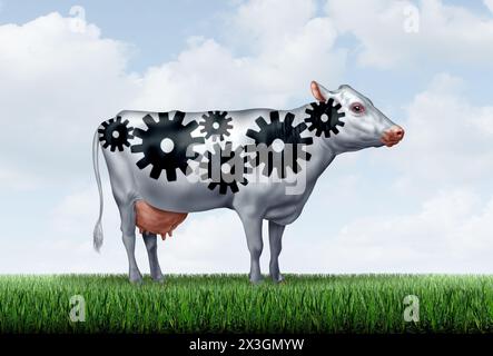 Dairy Industry concept and milk production business as a milking cow on a green field represented by gears and cogs. Stock Photo