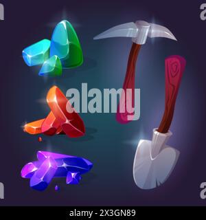 Diamonds and gemstones mine game icons. Cartoon vector set of gui asset of precious stone miner - pile of red, green and purple shiny gem crystals, sh Stock Vector