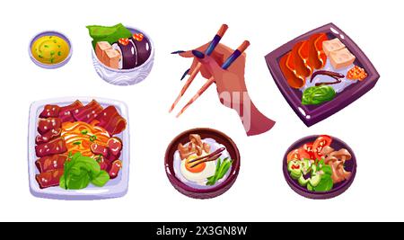 Traditional korean food cartoon collection. Plates and bowls with oriental meals for dinner and female hand with chopsticks. Vector set of popular Asi Stock Vector