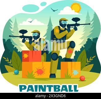 People Playing Paintball Vector Illustration of Fighter Player Shooting with Gun Shoot, Aim, Attack in Field Scene in Flat Cartoon Background Stock Vector