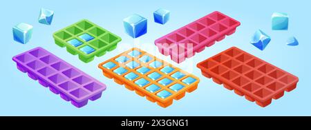 Ice cube tray. Frozen water mold icon isolated. Square container for kitchen refrigerator clipart. Isometric form for freezing liquid drink. Icicle pi Stock Vector