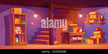 Basement room interior. House storage in cellar. Shelf on wall in storeroom at home. Indoor warehouse with furniture and lamp light. Table, cardboard Stock Vector