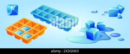 Ice cube trays set isolated on blue background. Vector cartoon illustration of frozen water mold, plastic or silicone square container for kitchen ref Stock Vector