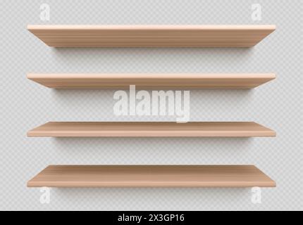 Empty wood wall shelf for book isolated vector. 3d wooden bookshelf for library. Product rack or table realistic design with texture. Exhibition plank Stock Vector