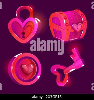 Heart shape assets collection isolated on black background. Vector cartoon illustration of neon pink color lock, key, wooden treasure chest, coin, vin Stock Vector