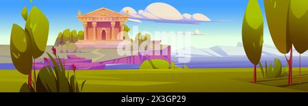 Ancient Greek pantheon building with columns and stairs, green grass and tree on sunny summer day under clouds on blue sky. Roman temple building. Ant Stock Vector