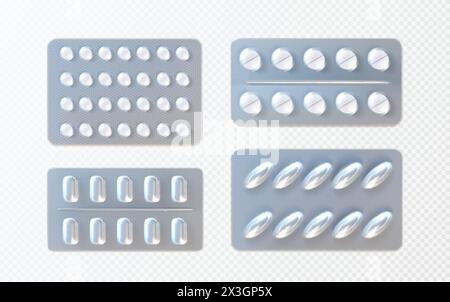 Pills and capsules in foil blister pack mockup. Realistic vector illustration set of medicine in plastic package on transparent background. Template m Stock Vector