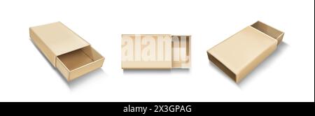 Open slide box mockup. Realistic vector illustration set of brown blank carton package with sleeve. Empty pack in form of drawer for gift or goods pos Stock Vector