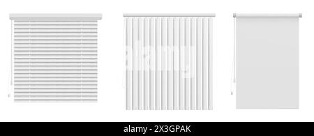 Window blinds set isolated on white background. Vector realistic illustration of horizontal and vertical white venetian shutters, jalousie shade for h Stock Vector