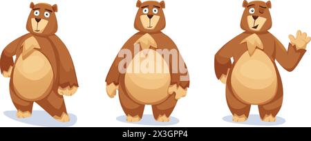 Cute big brown bear cartoon character. Vector illustration set of standing grizzly mascot in different poses - with waving paw gesture, hand on heaps Stock Vector