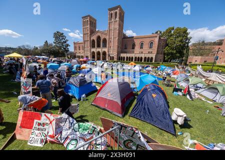 Los Angeles, United States. 26th Apr, 2024. Pro-Palestinian protesters gathered at an encampment at the University of California, Los Angeles (UCLA), on Friday, April 26, 2024, in Los Angeles. The protesters were protesting on campuses across the country, demanding colleges cut investments supporting Israel. Credit: SOPA Images Limited/Alamy Live News Stock Photo