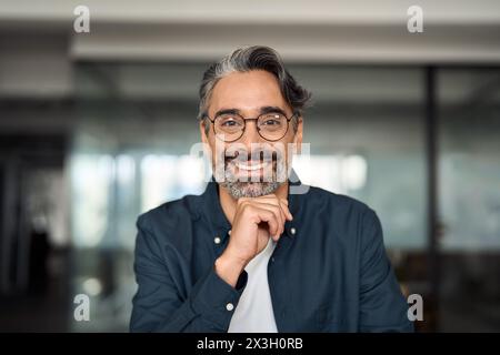 Happy middle aged older businessman wearing glasses working in office, portrait. Stock Photo